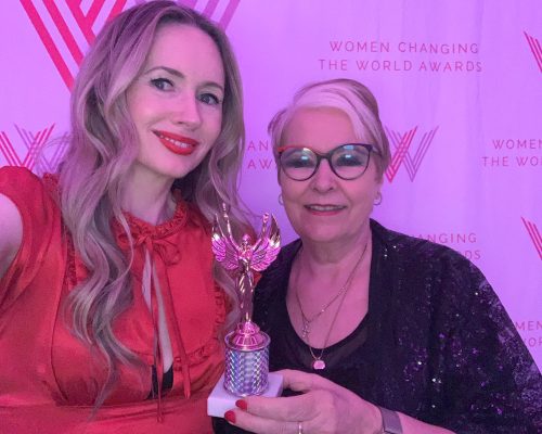 with daughter dr rachel hanlon, celebrating when carol was announced hall of fame, bronze, 'women changing the world' awards, windsor, uk, 2024